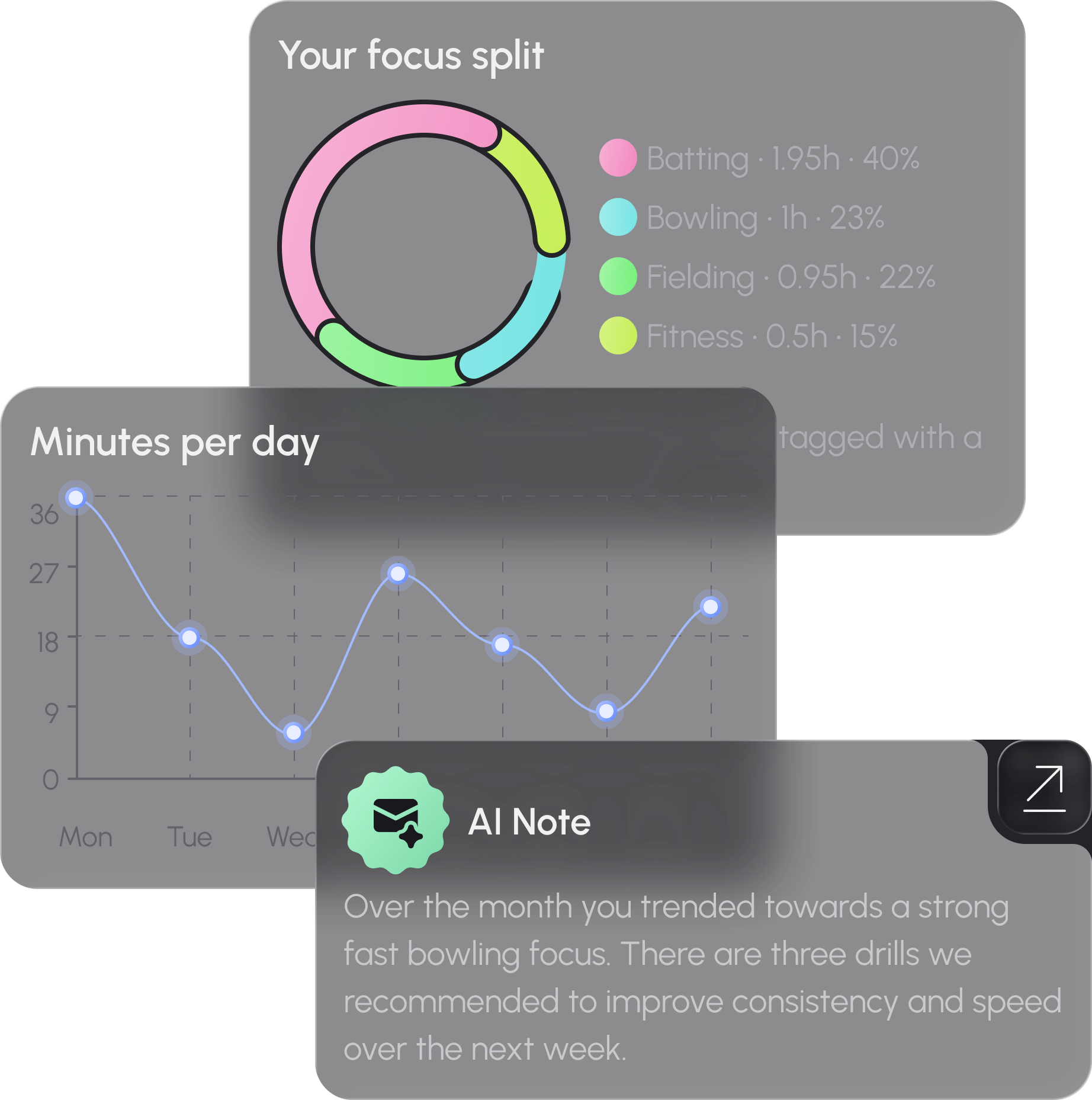 Stats screen with a ‘Your focus split’ donut chart and legend (Batting, Bowling, Fielding, Fitness), a ‘Minutes per day’ line chart, and an ‘AI Note’ callout under the charts.